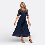 Isla - Short-Sleeve Lace Evening Dress