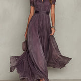Flavia | Long purple dress with keyhole neckline, chiffon lace trim
