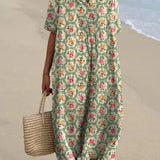 Molly - Retro Floral Dress in Aqua Green